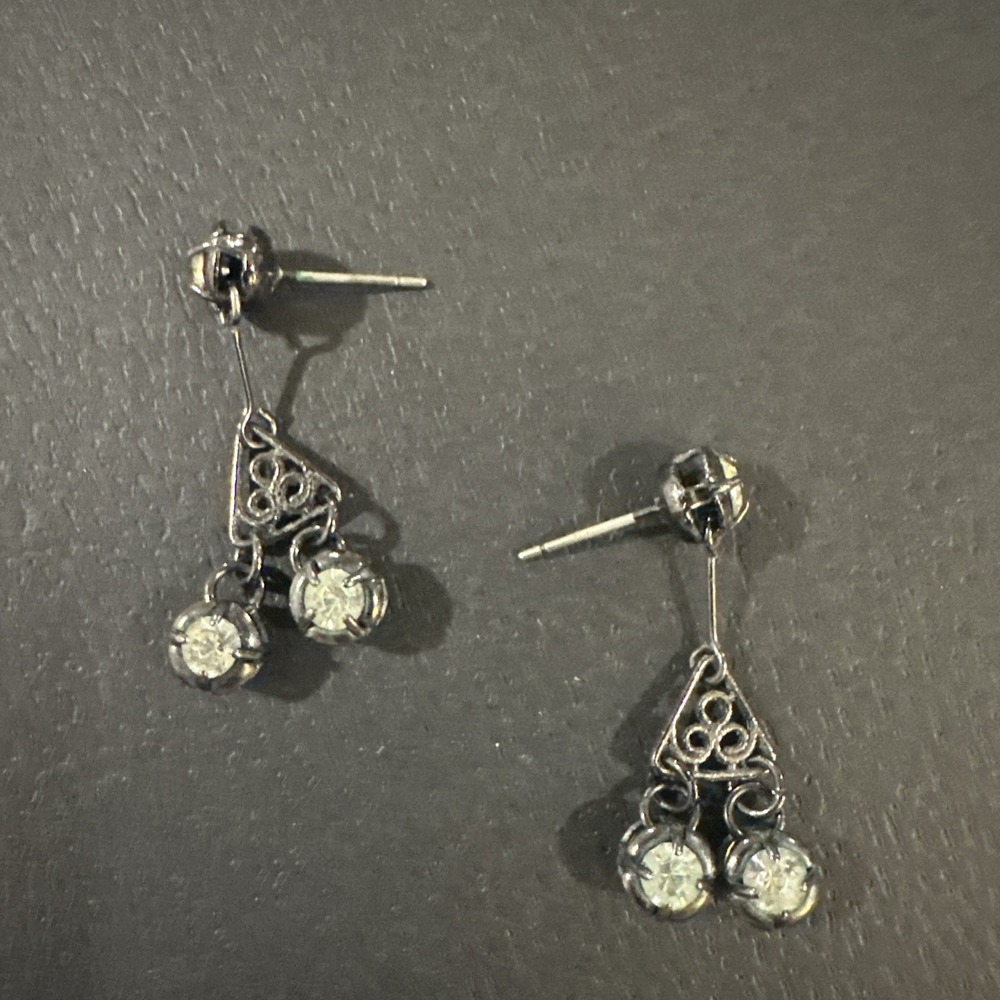 VTG VCLM Green Rhinestone Clear Dangle Antiqued Gold Tone Earrings Stud Pierced - Picture 4 of 4